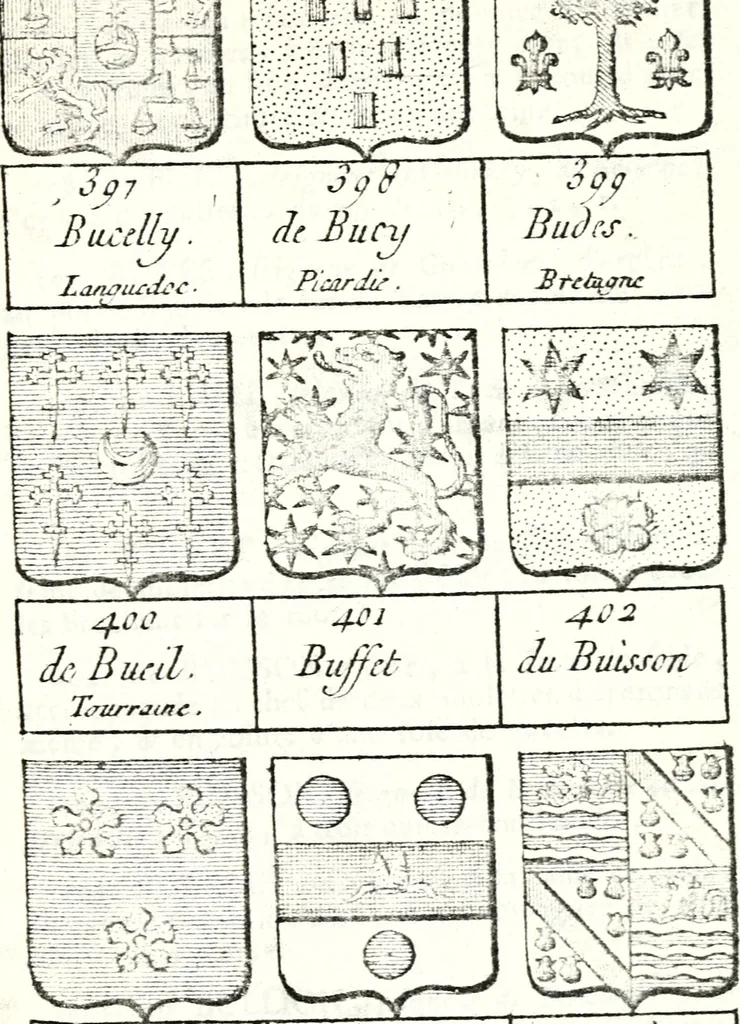An illustration from Armorial des principales maisons et familles du royaume, particulierement des celles de Paris et de l'Isle de France : contenant les armes des princes, seigneurs, grands officiers de la couronne & de la maison du roi, celles des cours souveraines, &c. avec l'explication de tous les blasons, 1757, leaf 294