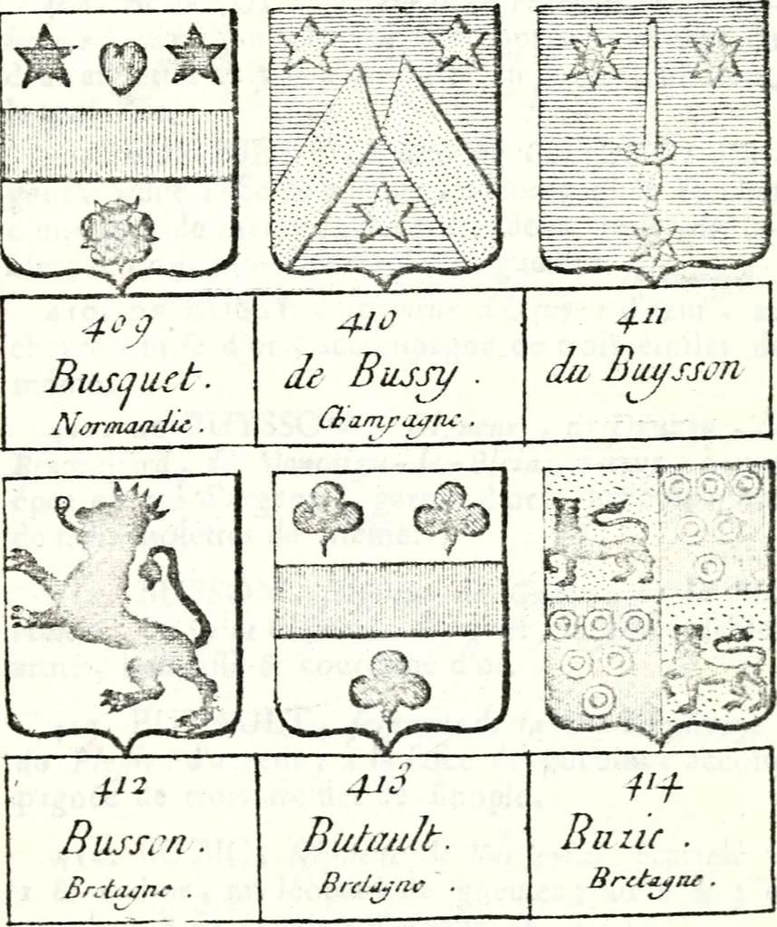 An illustration from Armorial des principales maisons et familles du royaume, particulierement des celles de Paris et de l'Isle de France : contenant les armes des princes, seigneurs, grands officiers de la couronne & de la maison du roi, celles des cours souveraines, &c. avec l'explication de tous les blasons, 1757, leaf 298