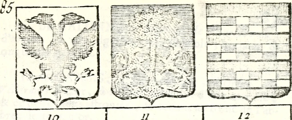 An illustration from Armorial des principales maisons et familles du royaume, particulierement des celles de Paris et de l'Isle de France : contenant les armes des princes, seigneurs, grands officiers de la couronne & de la maison du roi, celles des cours souveraines, &c. avec l'explication de tous les blasons, 1757, leaf 306