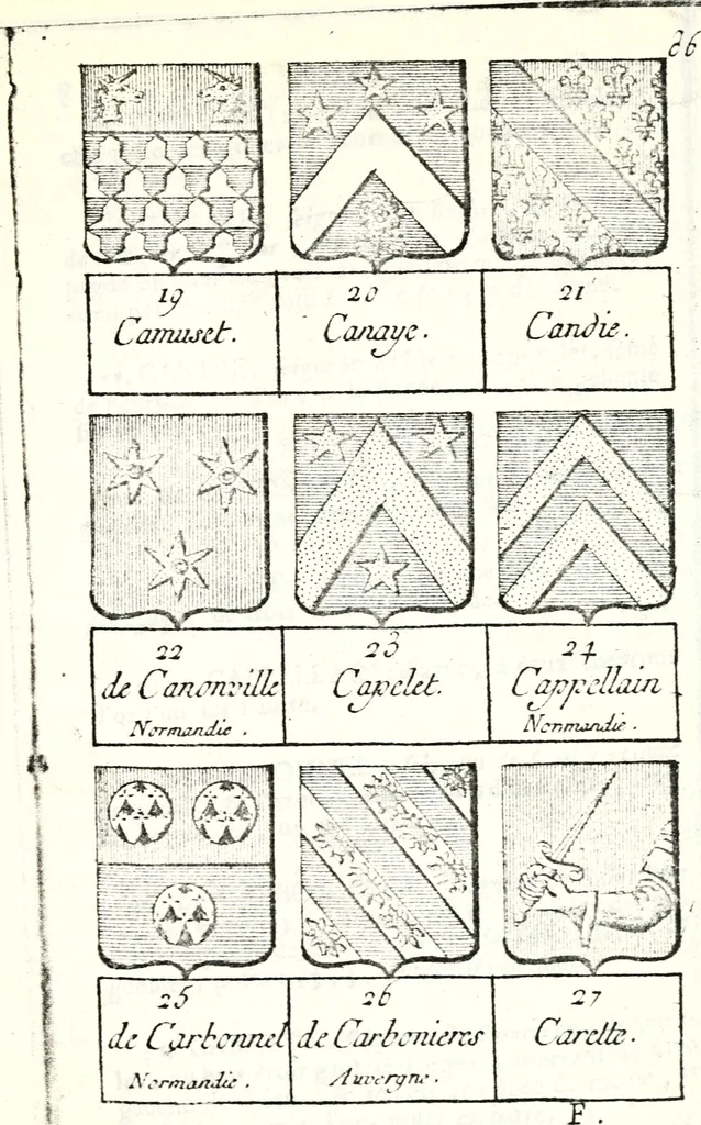 An illustration from Armorial des principales maisons et familles du royaume, particulierement des celles de Paris et de l'Isle de France : contenant les armes des princes, seigneurs, grands officiers de la couronne & de la maison du roi, celles des cours souveraines, &c. avec l'explication de tous les blasons, 1757, leaf 310