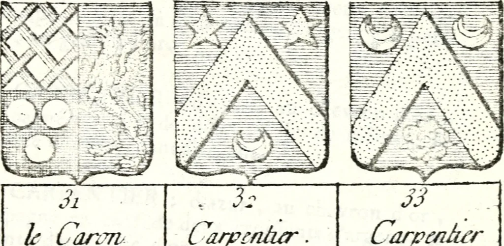 An illustration from Armorial des principales maisons et familles du royaume, particulierement des celles de Paris et de l'Isle de France : contenant les armes des princes, seigneurs, grands officiers de la couronne & de la maison du roi, celles des cours souveraines, &c. avec l'explication de tous les blasons, 1757, leaf 314