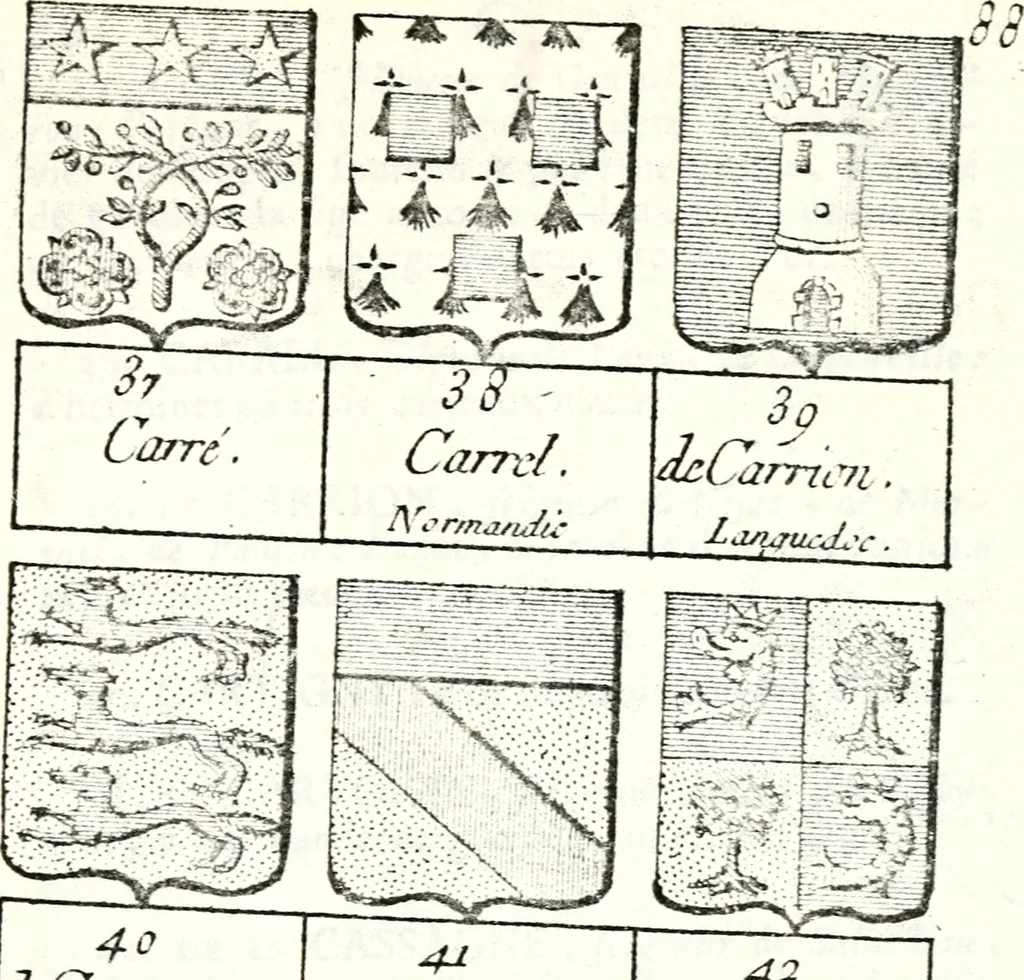 An illustration from Armorial des principales maisons et familles du royaume, particulierement des celles de Paris et de l'Isle de France : contenant les armes des princes, seigneurs, grands officiers de la couronne & de la maison du roi, celles des cours souveraines, &c. avec l'explication de tous les blasons, 1757, leaf 318
