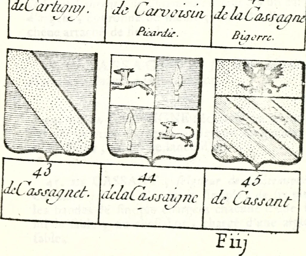 An illustration from Armorial des principales maisons et familles du royaume, particulierement des celles de Paris et de l'Isle de France : contenant les armes des princes, seigneurs, grands officiers de la couronne & de la maison du roi, celles des cours souveraines, &c. avec l'explication de tous les blasons, 1757, leaf 318