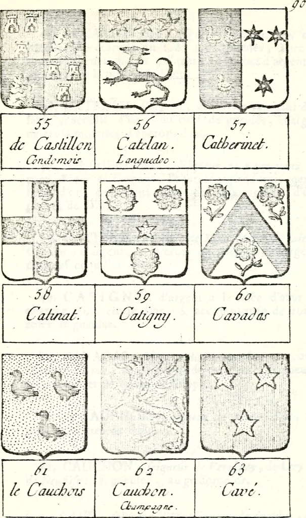 An illustration from Armorial des principales maisons et familles du royaume, particulierement des celles de Paris et de l'Isle de France : contenant les armes des princes, seigneurs, grands officiers de la couronne & de la maison du roi, celles des cours souveraines, &c. avec l'explication de tous les blasons, 1757, leaf 326