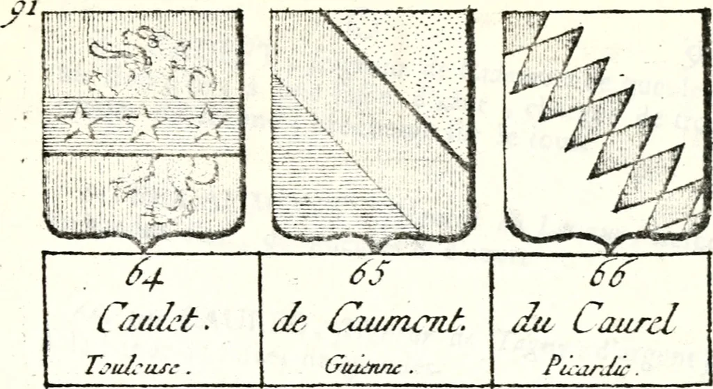 An illustration from Armorial des principales maisons et familles du royaume, particulierement des celles de Paris et de l'Isle de France : contenant les armes des princes, seigneurs, grands officiers de la couronne & de la maison du roi, celles des cours souveraines, &c. avec l'explication de tous les blasons, 1757, leaf 330