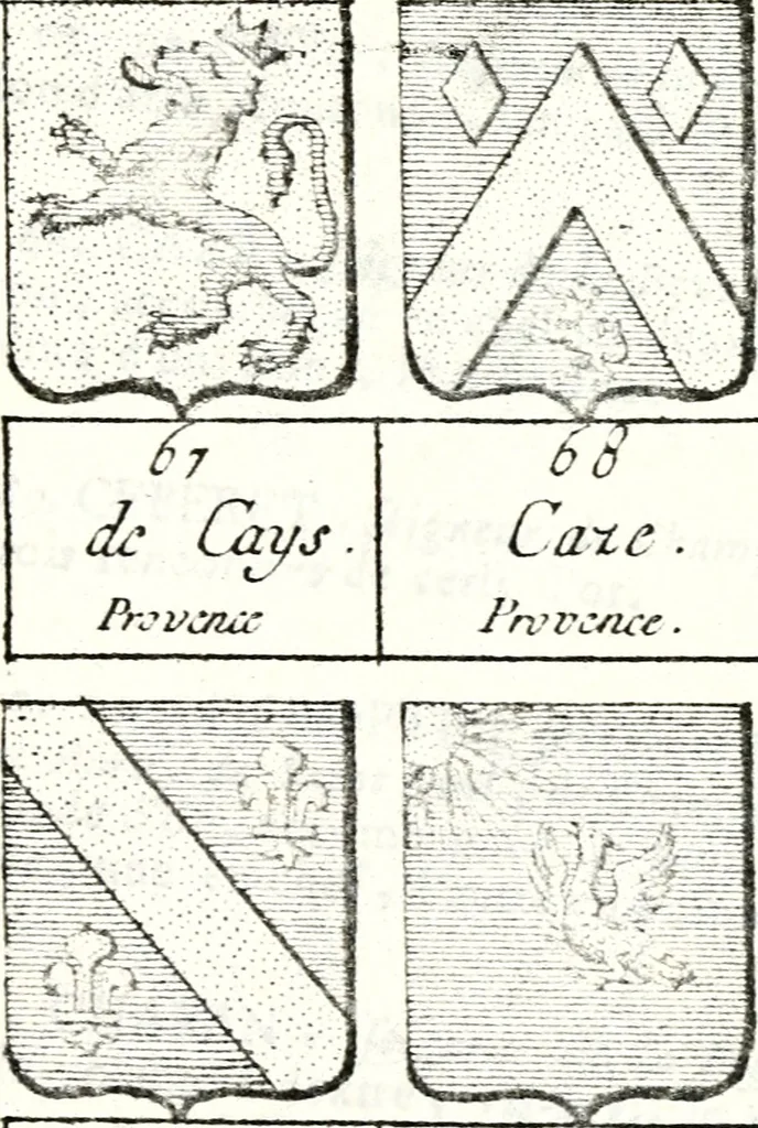 An illustration from Armorial des principales maisons et familles du royaume, particulierement des celles de Paris et de l'Isle de France : contenant les armes des princes, seigneurs, grands officiers de la couronne & de la maison du roi, celles des cours souveraines, &c. avec l'explication de tous les blasons, 1757, leaf 330