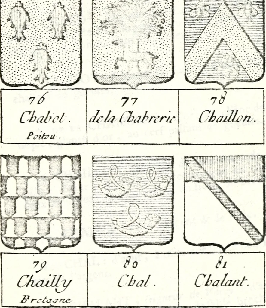 An illustration from Armorial des principales maisons et familles du royaume, particulierement des celles de Paris et de l'Isle de France : contenant les armes des princes, seigneurs, grands officiers de la couronne & de la maison du roi, celles des cours souveraines, &c. avec l'explication de tous les blasons, 1757, leaf 334