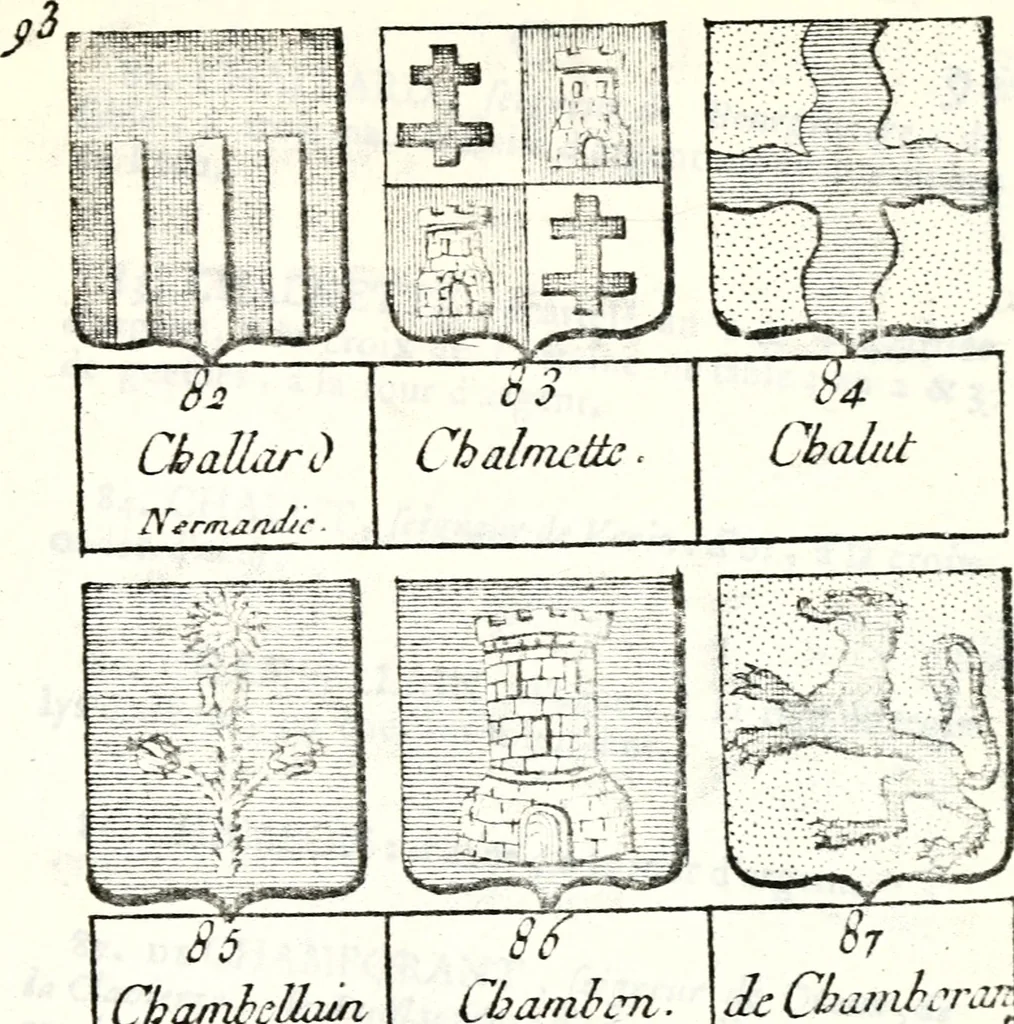 An illustration from Armorial des principales maisons et familles du royaume, particulierement des celles de Paris et de l'Isle de France : contenant les armes des princes, seigneurs, grands officiers de la couronne & de la maison du roi, celles des cours souveraines, &c. avec l'explication de tous les blasons, 1757, leaf 338