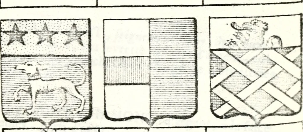 An illustration from Armorial des principales maisons et familles du royaume, particulierement des celles de Paris et de l'Isle de France : contenant les armes des princes, seigneurs, grands officiers de la couronne & de la maison du roi, celles des cours souveraines, &c. avec l'explication de tous les blasons, 1757, leaf 338
