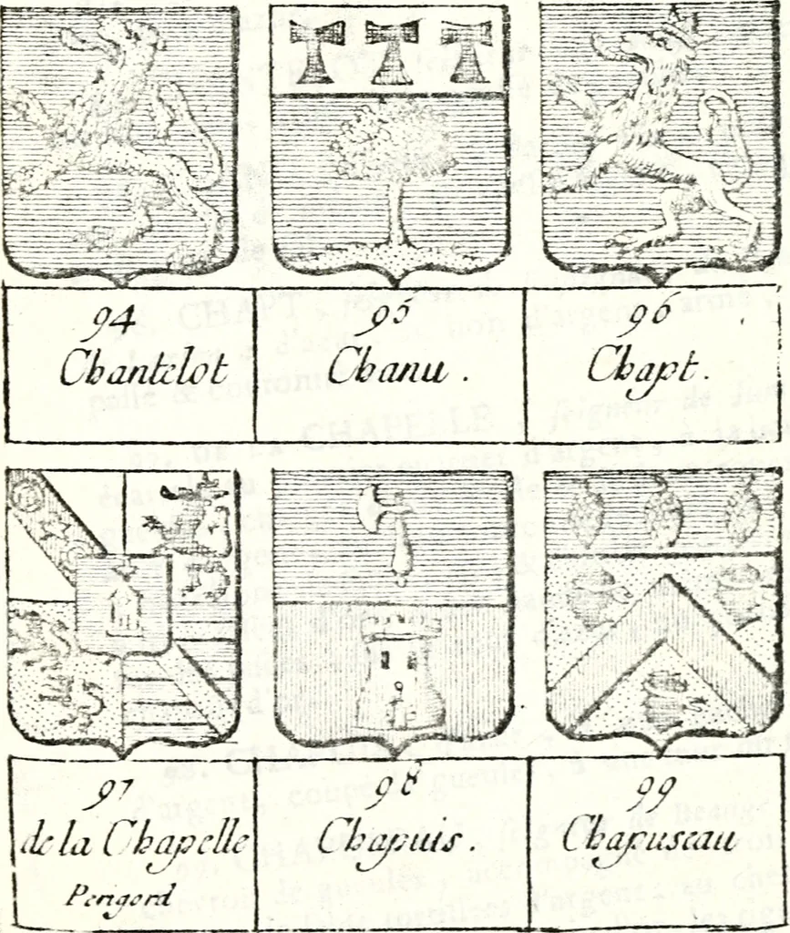 An illustration from Armorial des principales maisons et familles du royaume, particulierement des celles de Paris et de l'Isle de France : contenant les armes des princes, seigneurs, grands officiers de la couronne & de la maison du roi, celles des cours souveraines, &c. avec l'explication de tous les blasons, 1757, leaf 342