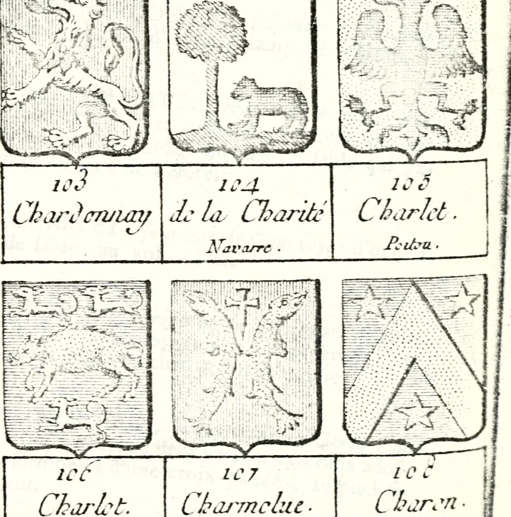 An illustration from Armorial des principales maisons et familles du royaume, particulierement des celles de Paris et de l'Isle de France : contenant les armes des princes, seigneurs, grands officiers de la couronne & de la maison du roi, celles des cours souveraines, &c. avec l'explication de tous les blasons, 1757, leaf 346