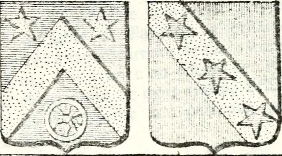 An illustration from Armorial des principales maisons et familles du royaume, particulierement des celles de Paris et de l'Isle de France : contenant les armes des princes, seigneurs, grands officiers de la couronne & de la maison du roi, celles des cours souveraines, &c. avec l'explication de tous les blasons, 1757, leaf 350