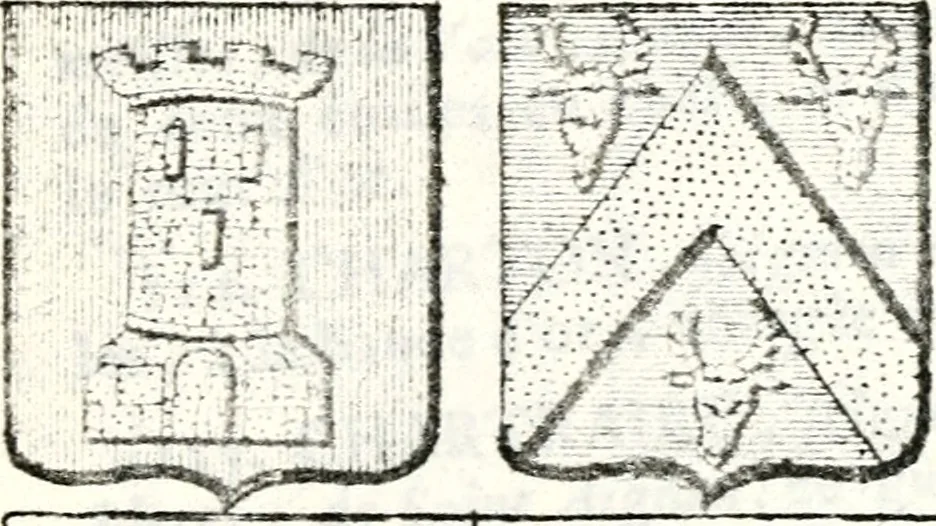 An illustration from Armorial des principales maisons et familles du royaume, particulierement des celles de Paris et de l'Isle de France : contenant les armes des princes, seigneurs, grands officiers de la couronne & de la maison du roi, celles des cours souveraines, &c. avec l'explication de tous les blasons, 1757, leaf 350