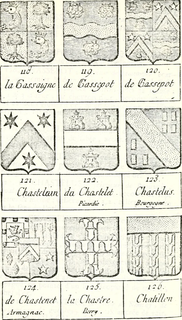 An illustration from Armorial des principales maisons et familles du royaume, particulierement des celles de Paris et de l'Isle de France : contenant les armes des princes, seigneurs, grands officiers de la couronne & de la maison du roi, celles des cours souveraines, &c. avec l'explication de tous les blasons, 1757, leaf 354