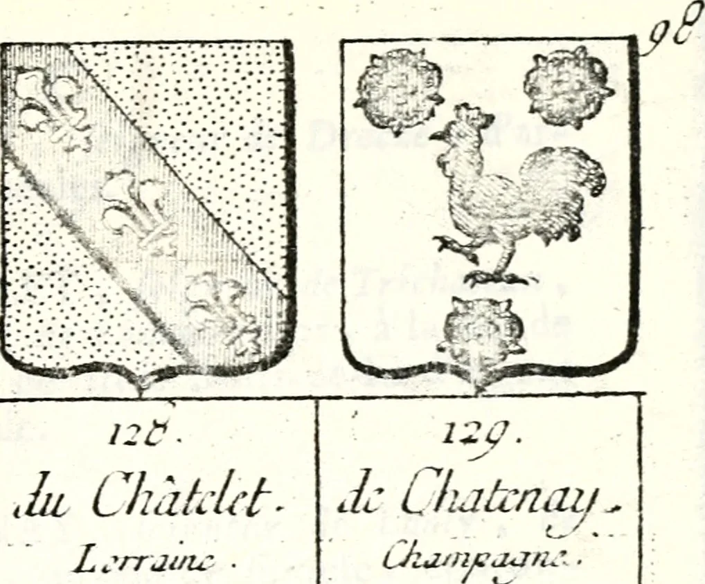 An illustration from Armorial des principales maisons et familles du royaume, particulierement des celles de Paris et de l'Isle de France : contenant les armes des princes, seigneurs, grands officiers de la couronne & de la maison du roi, celles des cours souveraines, &c. avec l'explication de tous les blasons, 1757, leaf 358