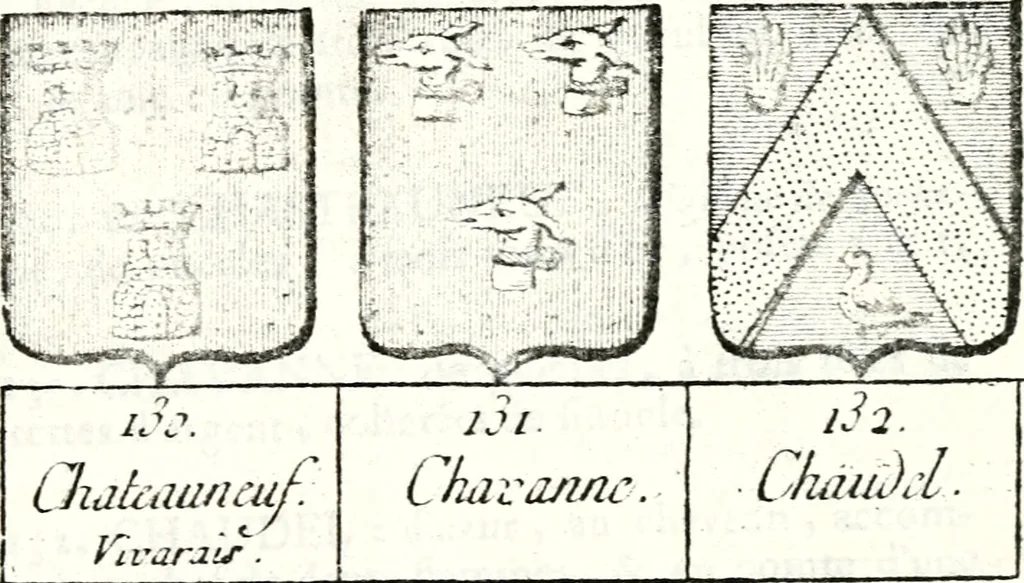 An illustration from Armorial des principales maisons et familles du royaume, particulierement des celles de Paris et de l'Isle de France : contenant les armes des princes, seigneurs, grands officiers de la couronne & de la maison du roi, celles des cours souveraines, &c. avec l'explication de tous les blasons, 1757, leaf 358