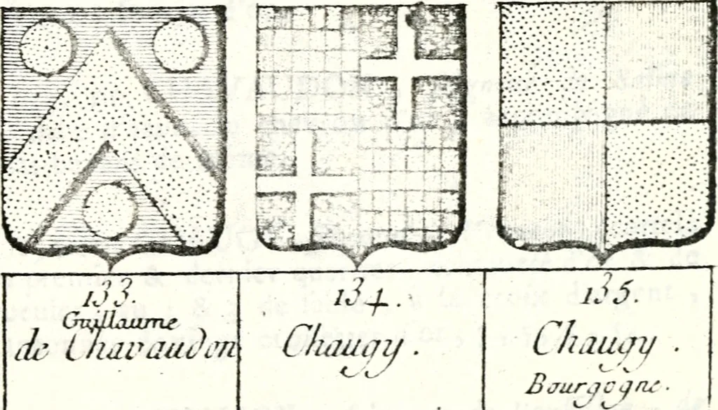 An illustration from Armorial des principales maisons et familles du royaume, particulierement des celles de Paris et de l'Isle de France : contenant les armes des princes, seigneurs, grands officiers de la couronne & de la maison du roi, celles des cours souveraines, &c. avec l'explication de tous les blasons, 1757, leaf 358