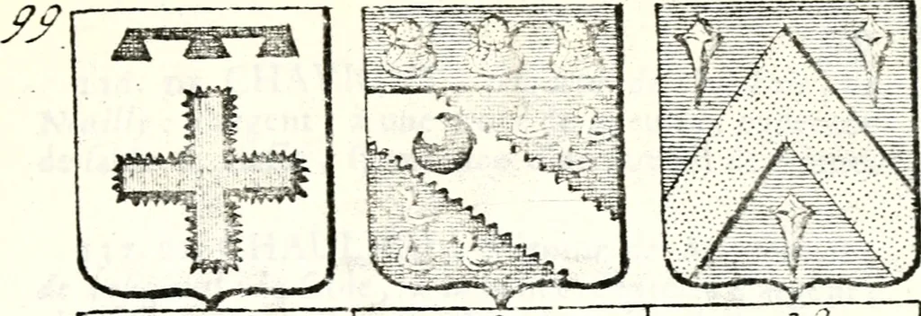 An illustration from Armorial des principales maisons et familles du royaume, particulierement des celles de Paris et de l'Isle de France : contenant les armes des princes, seigneurs, grands officiers de la couronne & de la maison du roi, celles des cours souveraines, &c. avec l'explication de tous les blasons, 1757, leaf 362