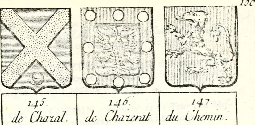 An illustration from Armorial des principales maisons et familles du royaume, particulierement des celles de Paris et de l'Isle de France : contenant les armes des princes, seigneurs, grands officiers de la couronne & de la maison du roi, celles des cours souveraines, &c. avec l'explication de tous les blasons, 1757, leaf 366