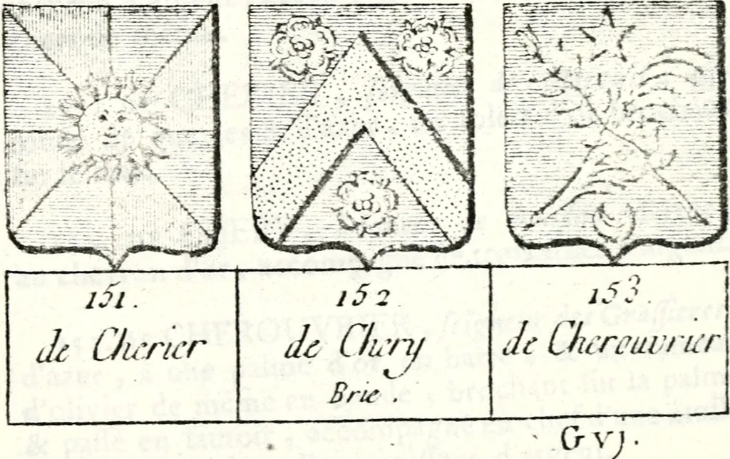 An illustration from Armorial des principales maisons et familles du royaume, particulierement des celles de Paris et de l'Isle de France : contenant les armes des princes, seigneurs, grands officiers de la couronne & de la maison du roi, celles des cours souveraines, &c. avec l'explication de tous les blasons, 1757, leaf 366