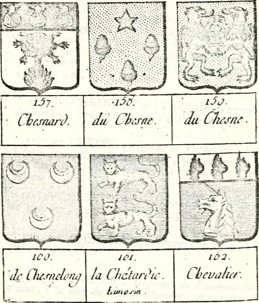An illustration from Armorial des principales maisons et familles du royaume, particulierement des celles de Paris et de l'Isle de France : contenant les armes des princes, seigneurs, grands officiers de la couronne & de la maison du roi, celles des cours souveraines, &c. avec l'explication de tous les blasons, 1757, leaf 370