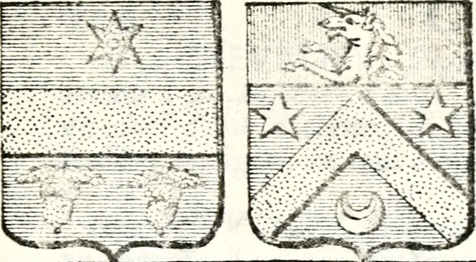 An illustration from Armorial des principales maisons et familles du royaume, particulierement des celles de Paris et de l'Isle de France : contenant les armes des princes, seigneurs, grands officiers de la couronne & de la maison du roi, celles des cours souveraines, &c. avec l'explication de tous les blasons, 1757, leaf 374