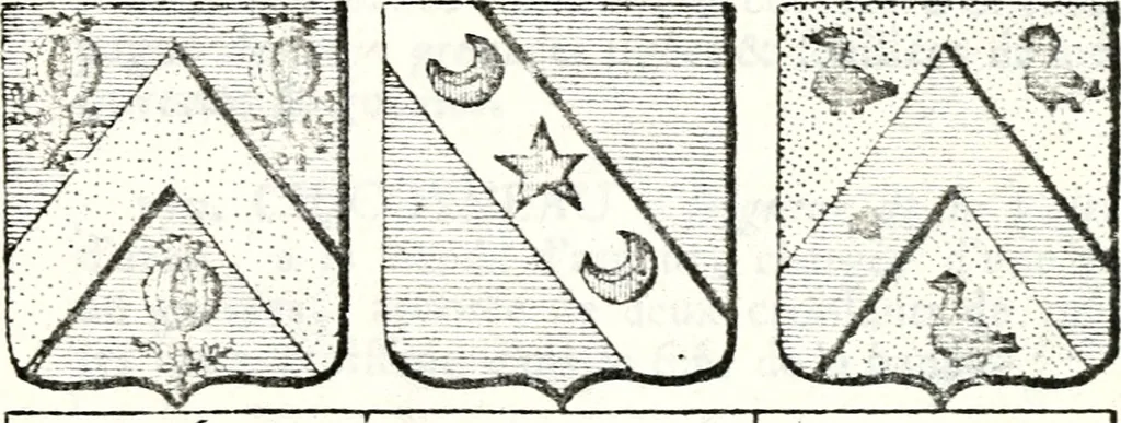 An illustration from Armorial des principales maisons et familles du royaume, particulierement des celles de Paris et de l'Isle de France : contenant les armes des princes, seigneurs, grands officiers de la couronne & de la maison du roi, celles des cours souveraines, &c. avec l'explication de tous les blasons, 1757, leaf 374