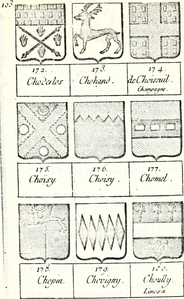 An illustration from Armorial des principales maisons et familles du royaume, particulierement des celles de Paris et de l'Isle de France : contenant les armes des princes, seigneurs, grands officiers de la couronne & de la maison du roi, celles des cours souveraines, &c. avec l'explication de tous les blasons, 1757, leaf 378