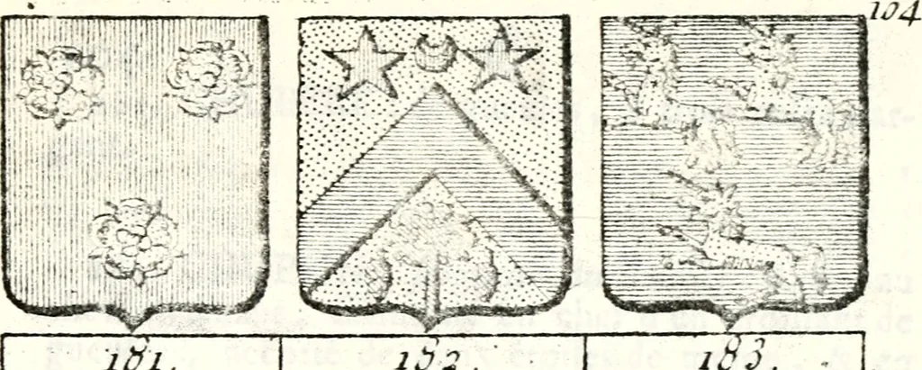 An illustration from Armorial des principales maisons et familles du royaume, particulierement des celles de Paris et de l'Isle de France : contenant les armes des princes, seigneurs, grands officiers de la couronne & de la maison du roi, celles des cours souveraines, &c. avec l'explication de tous les blasons, 1757, leaf 382