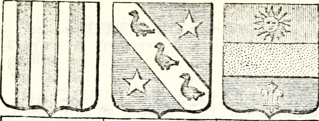 An illustration from Armorial des principales maisons et familles du royaume, particulierement des celles de Paris et de l'Isle de France : contenant les armes des princes, seigneurs, grands officiers de la couronne & de la maison du roi, celles des cours souveraines, &c. avec l'explication de tous les blasons, 1757, leaf 386