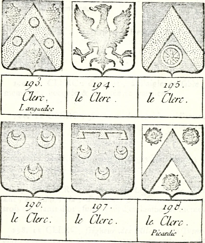 An illustration from Armorial des principales maisons et familles du royaume, particulierement des celles de Paris et de l'Isle de France : contenant les armes des princes, seigneurs, grands officiers de la couronne & de la maison du roi, celles des cours souveraines, &c. avec l'explication de tous les blasons, 1757, leaf 386