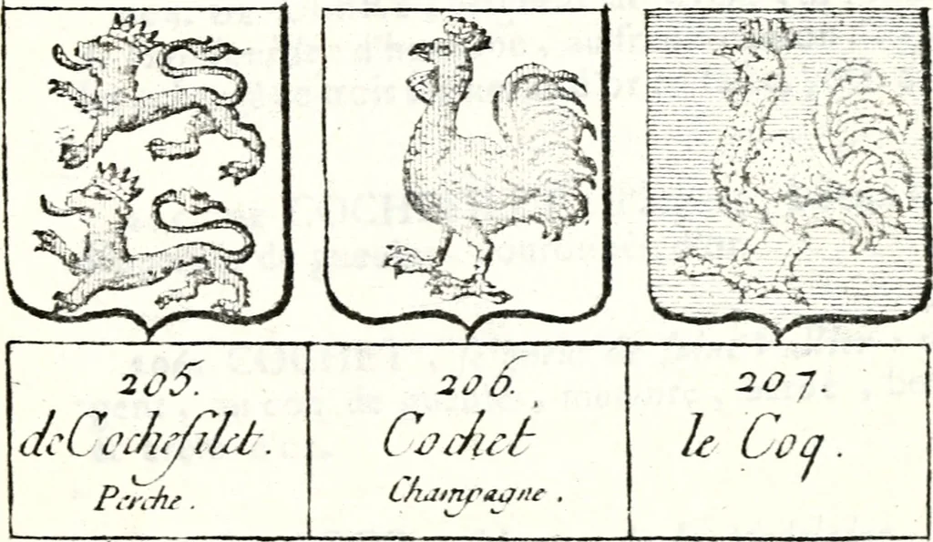 An illustration from Armorial des principales maisons et familles du royaume, particulierement des celles de Paris et de l'Isle de France : contenant les armes des princes, seigneurs, grands officiers de la couronne & de la maison du roi, celles des cours souveraines, &c. avec l'explication de tous les blasons, 1757, leaf 390