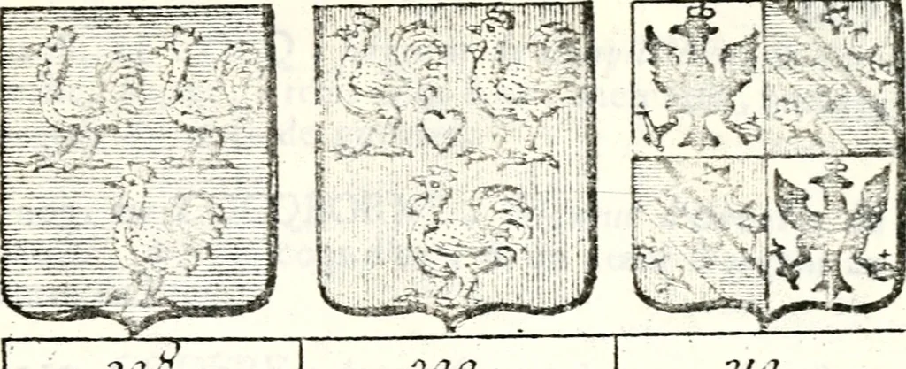 An illustration from Armorial des principales maisons et familles du royaume, particulierement des celles de Paris et de l'Isle de France : contenant les armes des princes, seigneurs, grands officiers de la couronne & de la maison du roi, celles des cours souveraines, &c. avec l'explication de tous les blasons, 1757, leaf 394