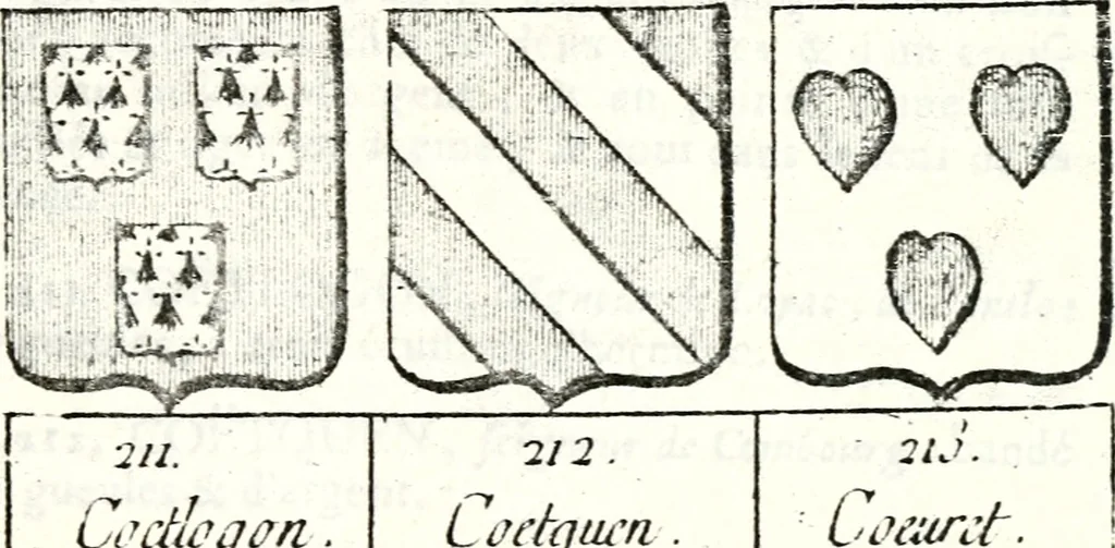 An illustration from Armorial des principales maisons et familles du royaume, particulierement des celles de Paris et de l'Isle de France : contenant les armes des princes, seigneurs, grands officiers de la couronne & de la maison du roi, celles des cours souveraines, &c. avec l'explication de tous les blasons, 1757, leaf 394