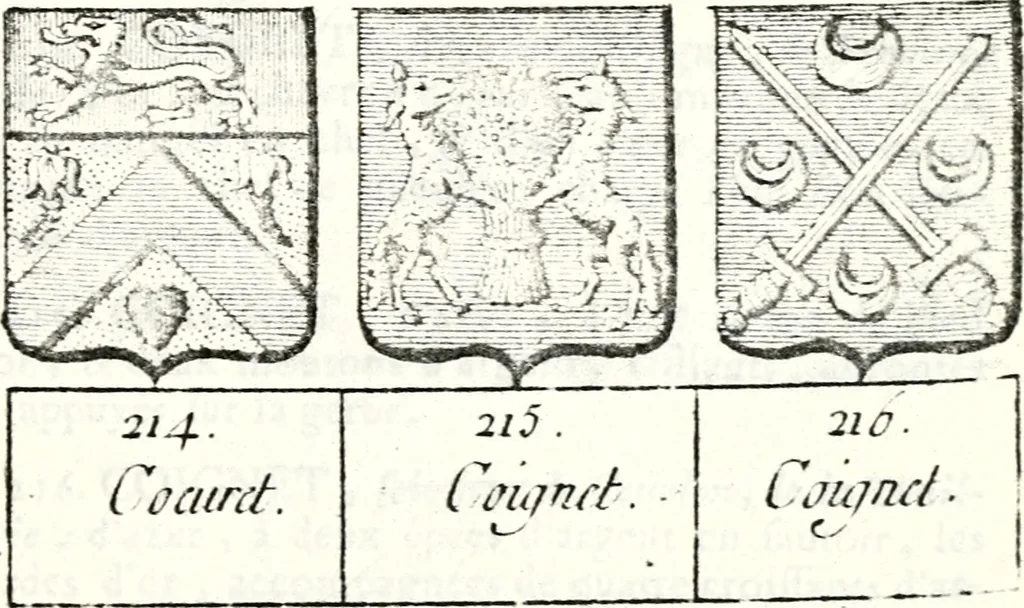An illustration from Armorial des principales maisons et familles du royaume, particulierement des celles de Paris et de l'Isle de France : contenant les armes des princes, seigneurs, grands officiers de la couronne & de la maison du roi, celles des cours souveraines, &c. avec l'explication de tous les blasons, 1757, leaf 394