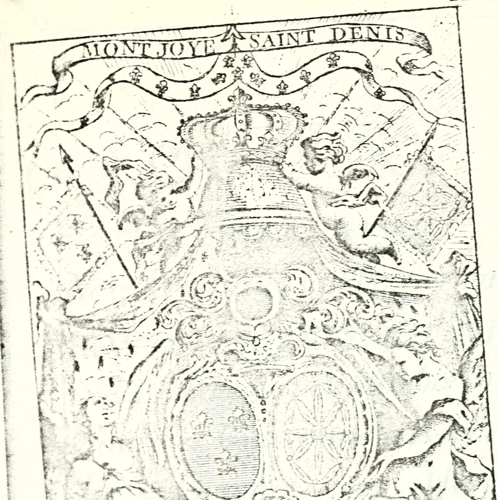 An illustration from Armorial des principales maisons et familles du royaume, particulierement des celles de Paris et de l'Isle de France : contenant les armes des princes, seigneurs, grands officiers de la couronne & de la maison du roi, celles des cours souveraines, &c. avec l'explication de tous les blasons, 1757, leaf 40