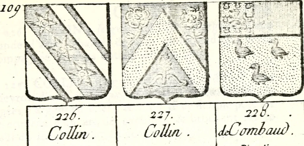 An illustration from Armorial des principales maisons et familles du royaume, particulierement des celles de Paris et de l'Isle de France : contenant les armes des princes, seigneurs, grands officiers de la couronne & de la maison du roi, celles des cours souveraines, &c. avec l'explication de tous les blasons, 1757, leaf 402