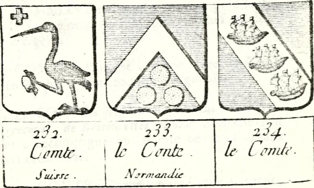 An illustration from Armorial des principales maisons et familles du royaume, particulierement des celles de Paris et de l'Isle de France : contenant les armes des princes, seigneurs, grands officiers de la couronne & de la maison du roi, celles des cours souveraines, &c. avec l'explication de tous les blasons, 1757, leaf 402