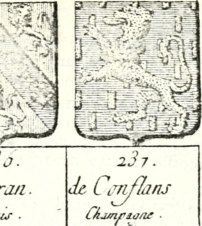 An illustration from Armorial des principales maisons et familles du royaume, particulierement des celles de Paris et de l'Isle de France : contenant les armes des princes, seigneurs, grands officiers de la couronne & de la maison du roi, celles des cours souveraines, &c. avec l'explication de tous les blasons, 1757, leaf 406