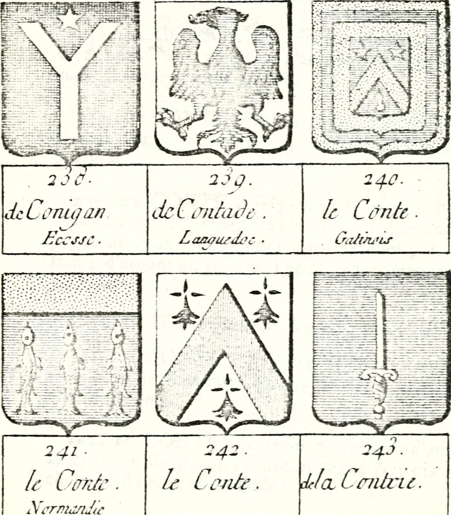 An illustration from Armorial des principales maisons et familles du royaume, particulierement des celles de Paris et de l'Isle de France : contenant les armes des princes, seigneurs, grands officiers de la couronne & de la maison du roi, celles des cours souveraines, &c. avec l'explication de tous les blasons, 1757, leaf 406
