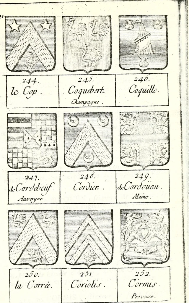 An illustration from Armorial des principales maisons et familles du royaume, particulierement des celles de Paris et de l'Isle de France : contenant les armes des princes, seigneurs, grands officiers de la couronne & de la maison du roi, celles des cours souveraines, &c. avec l'explication de tous les blasons, 1757, leaf 410