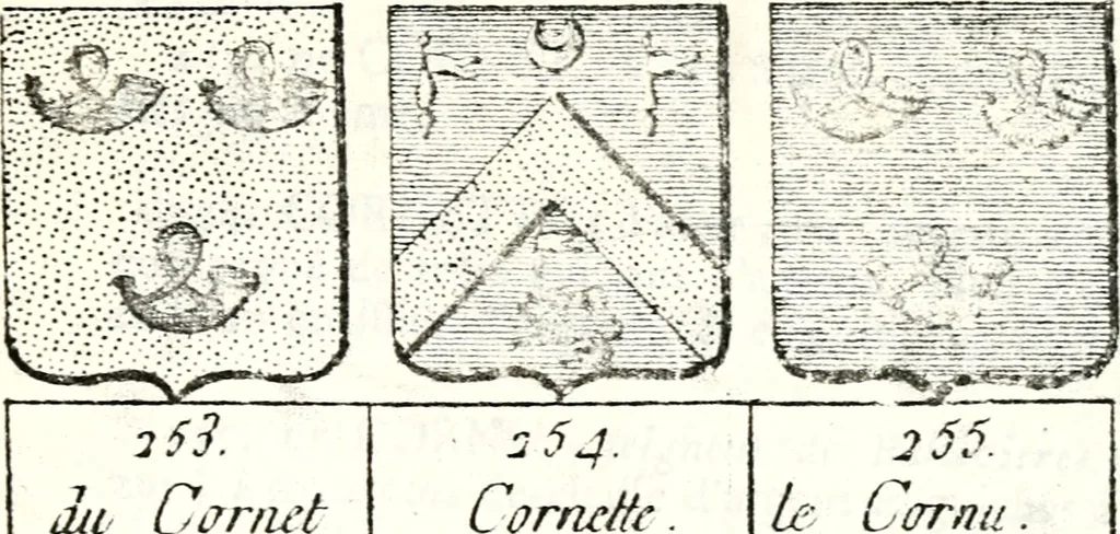 An illustration from Armorial des principales maisons et familles du royaume, particulierement des celles de Paris et de l'Isle de France : contenant les armes des princes, seigneurs, grands officiers de la couronne & de la maison du roi, celles des cours souveraines, &c. avec l'explication de tous les blasons, 1757, leaf 414