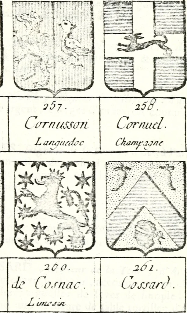 An illustration from Armorial des principales maisons et familles du royaume, particulierement des celles de Paris et de l'Isle de France : contenant les armes des princes, seigneurs, grands officiers de la couronne & de la maison du roi, celles des cours souveraines, &c. avec l'explication de tous les blasons, 1757, leaf 414