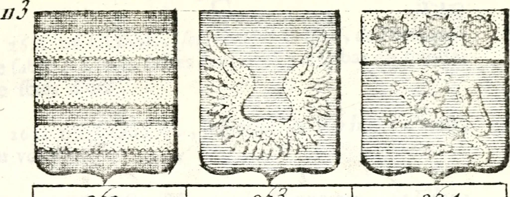 An illustration from Armorial des principales maisons et familles du royaume, particulierement des celles de Paris et de l'Isle de France : contenant les armes des princes, seigneurs, grands officiers de la couronne & de la maison du roi, celles des cours souveraines, &c. avec l'explication de tous les blasons, 1757, leaf 418