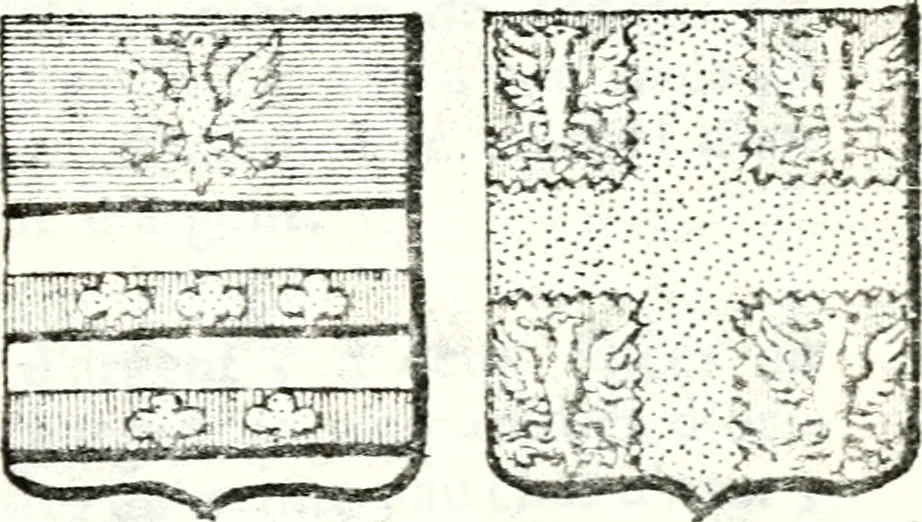 An illustration from Armorial des principales maisons et familles du royaume, particulierement des celles de Paris et de l'Isle de France : contenant les armes des princes, seigneurs, grands officiers de la couronne & de la maison du roi, celles des cours souveraines, &c. avec l'explication de tous les blasons, 1757, leaf 418