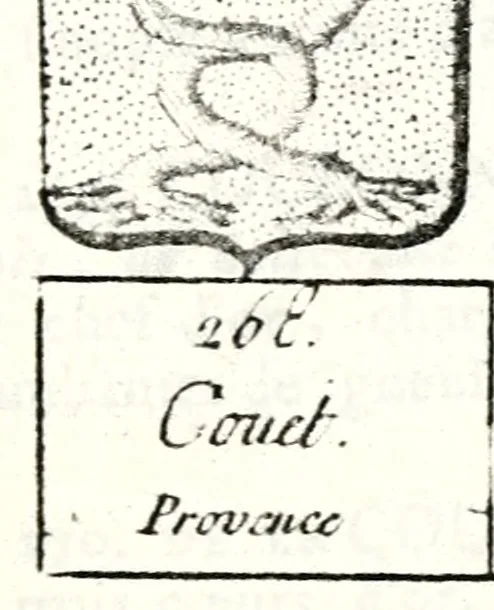 An illustration from Armorial des principales maisons et familles du royaume, particulierement des celles de Paris et de l'Isle de France : contenant les armes des princes, seigneurs, grands officiers de la couronne & de la maison du roi, celles des cours souveraines, &c. avec l'explication de tous les blasons, 1757, leaf 418
