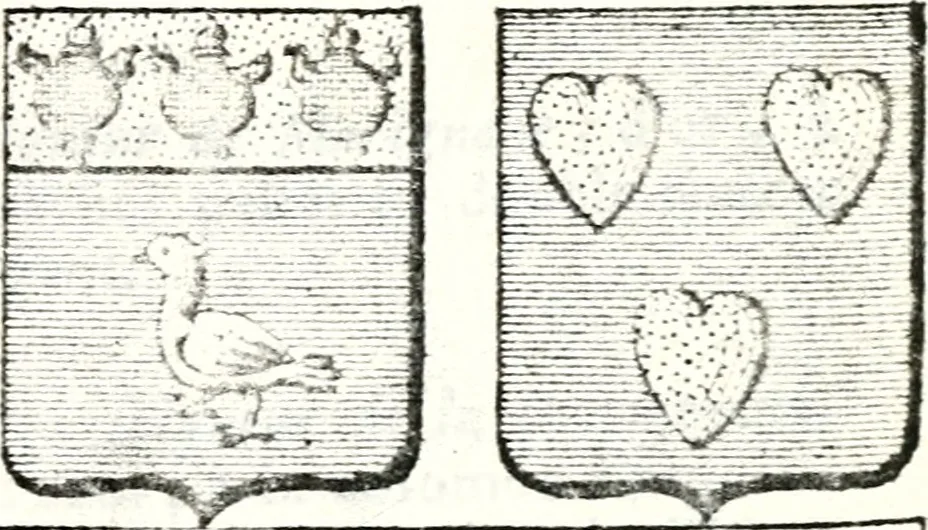 An illustration from Armorial des principales maisons et familles du royaume, particulierement des celles de Paris et de l'Isle de France : contenant les armes des princes, seigneurs, grands officiers de la couronne & de la maison du roi, celles des cours souveraines, &c. avec l'explication de tous les blasons, 1757, leaf 418