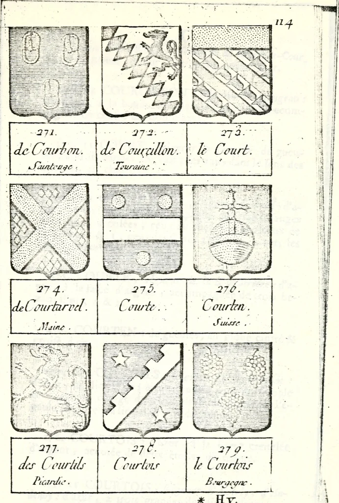 An illustration from Armorial des principales maisons et familles du royaume, particulierement des celles de Paris et de l'Isle de France : contenant les armes des princes, seigneurs, grands officiers de la couronne & de la maison du roi, celles des cours souveraines, &c. avec l'explication de tous les blasons, 1757, leaf 422