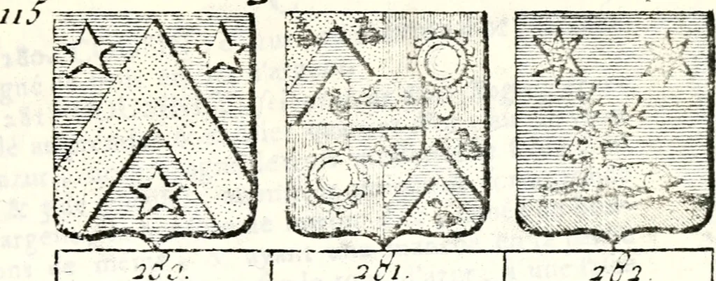 An illustration from Armorial des principales maisons et familles du royaume, particulierement des celles de Paris et de l'Isle de France : contenant les armes des princes, seigneurs, grands officiers de la couronne & de la maison du roi, celles des cours souveraines, &c. avec l'explication de tous les blasons, 1757, leaf 426
