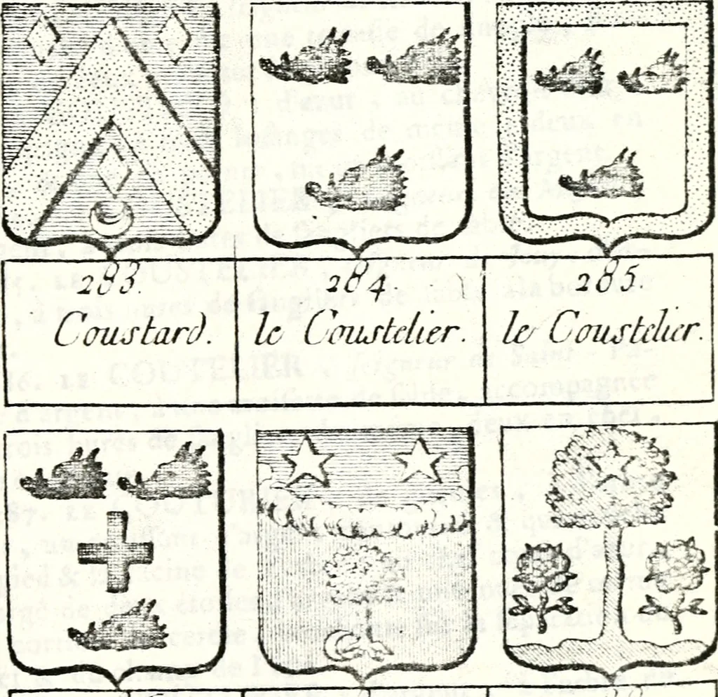 An illustration from Armorial des principales maisons et familles du royaume, particulierement des celles de Paris et de l'Isle de France : contenant les armes des princes, seigneurs, grands officiers de la couronne & de la maison du roi, celles des cours souveraines, &c. avec l'explication de tous les blasons, 1757, leaf 426